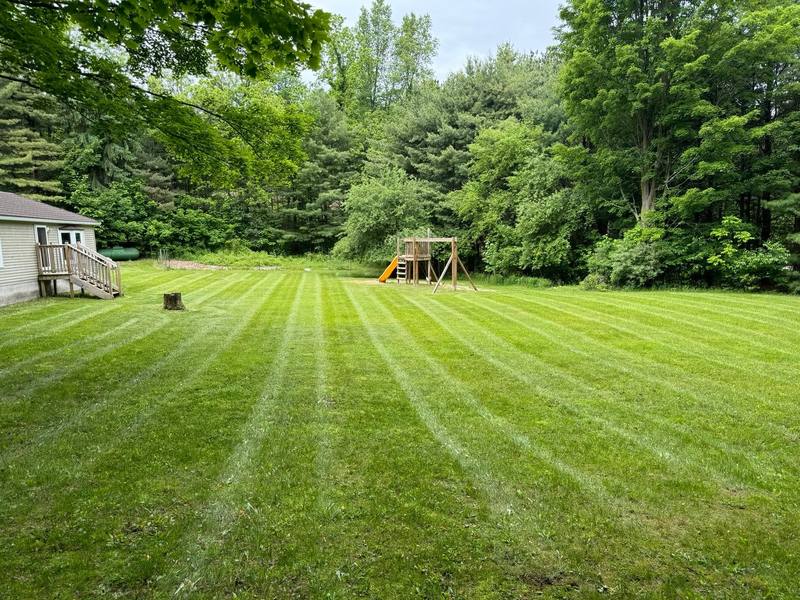 Wide striped backyard with a wooden playset at the edge of the woods